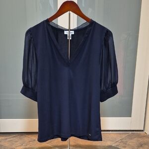 Calvin Klein Navy Blouse with Sheer Sleeves